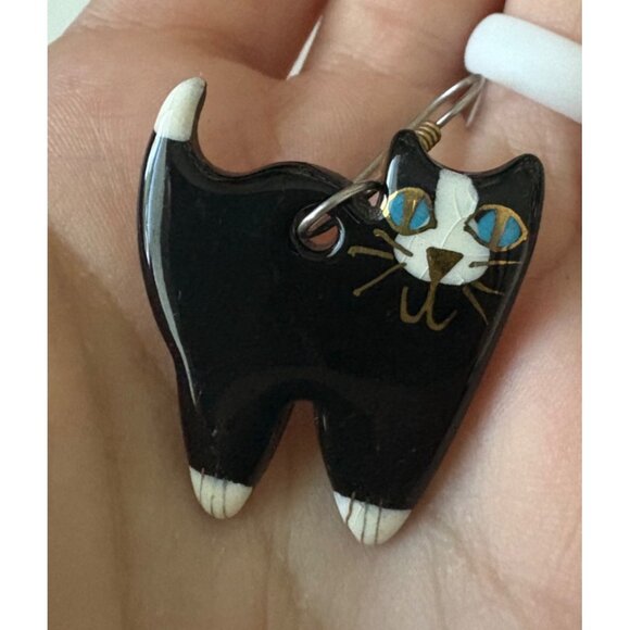 Katrina's Designers Tuxedo Cat Porcelain Earrings Black White 1.5" - Picture 2 of 5